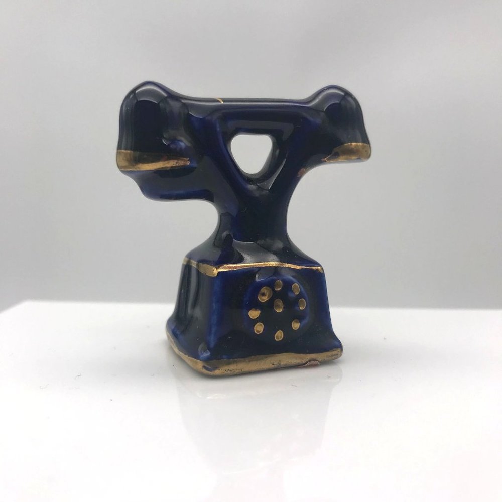 Enesco Miniature Bone China Telephone, Vintage Cobalt Blue Cradle Phone Gilded